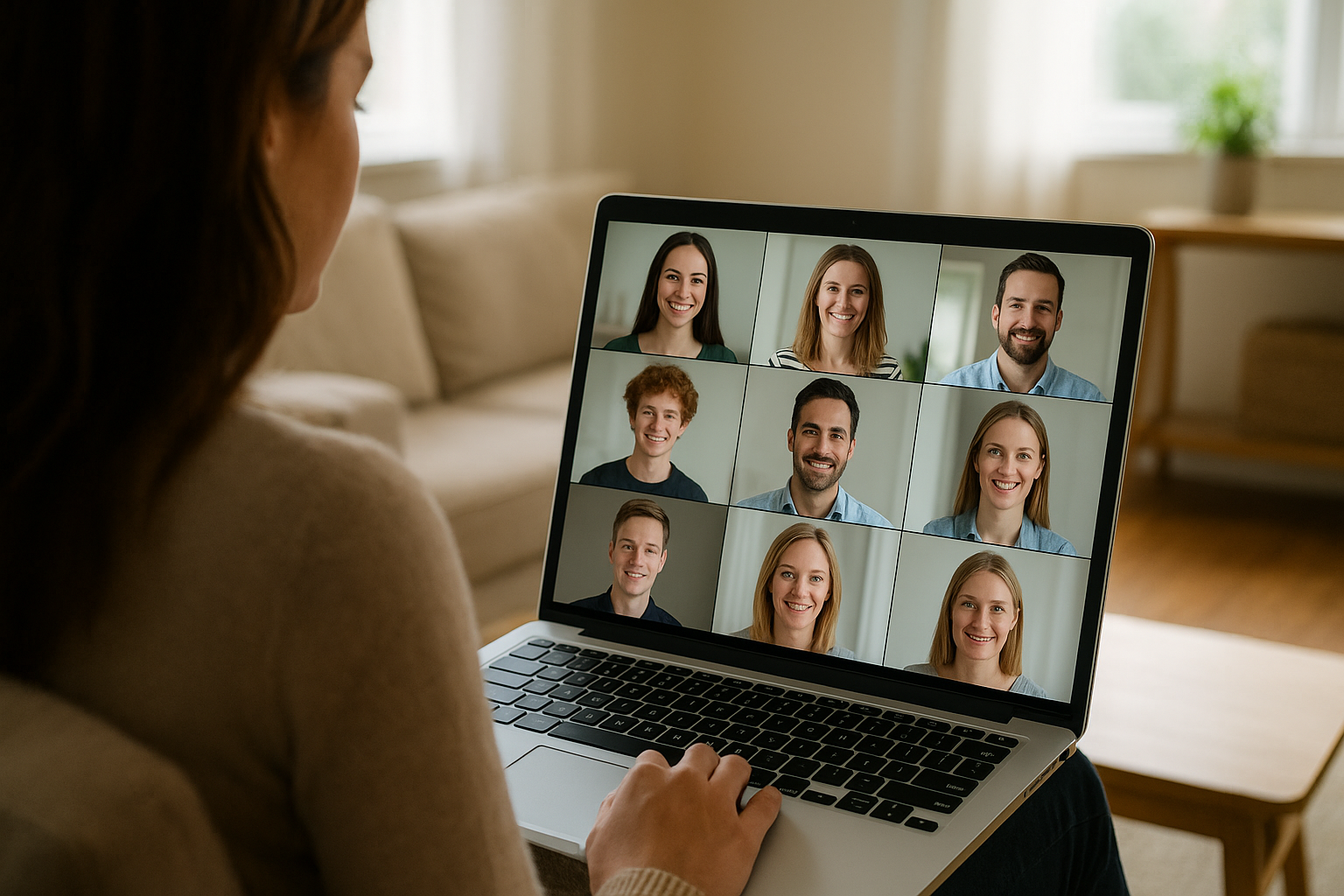 a laptop showing a screen with a group video call