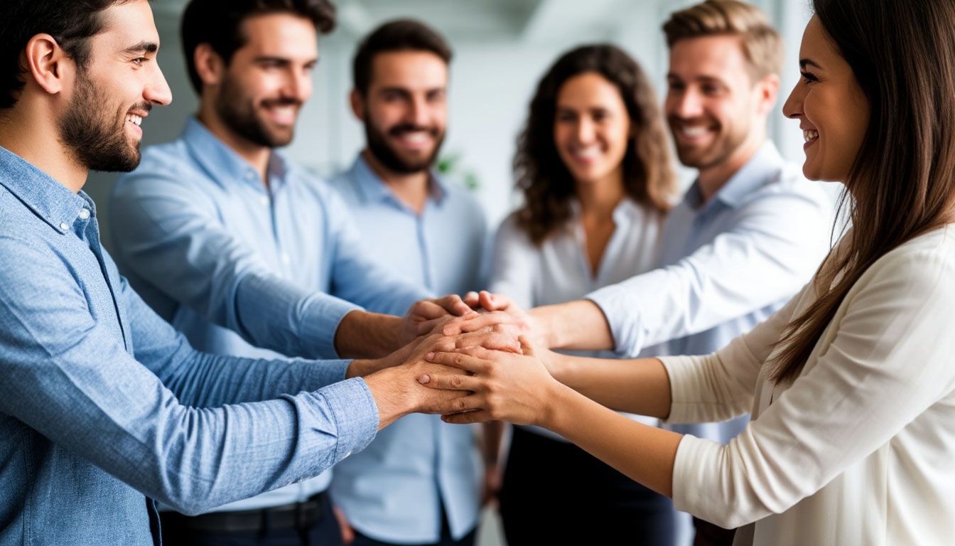 People standing in office holding hands together
