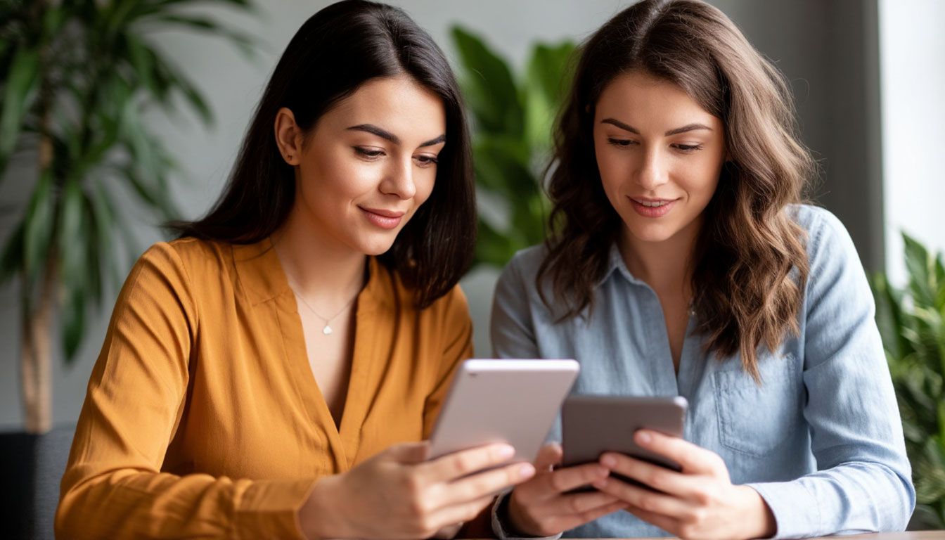 two women using a tablet while working