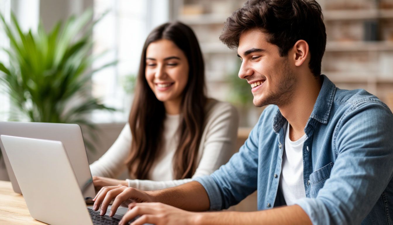 a young man and a young woman working on their laptops and smiling to each other