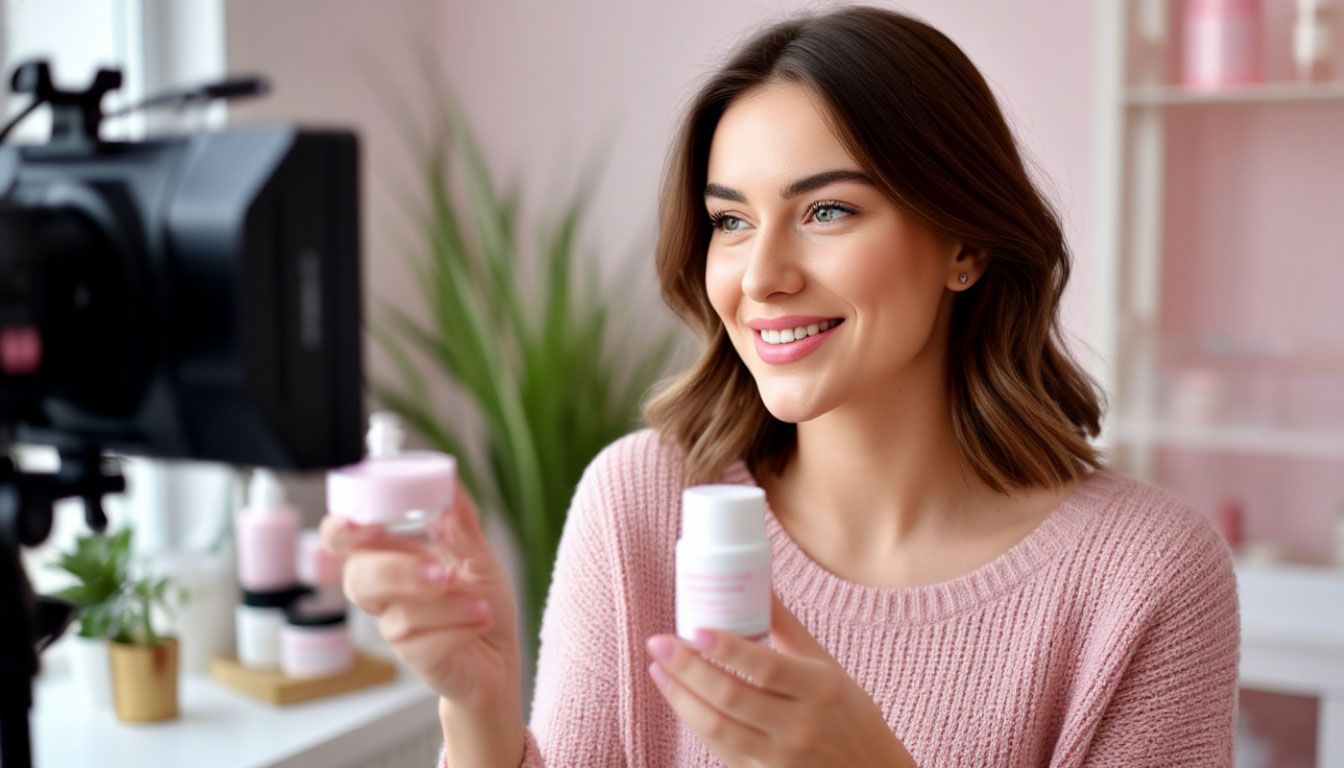 a female beauty vlogger filming vlog about creams