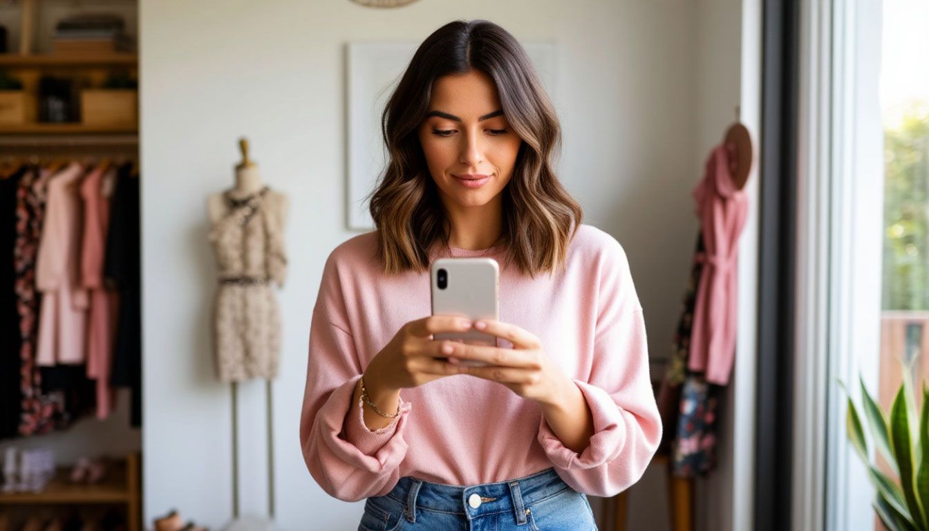 a woman filming fashion vlog with her phone
