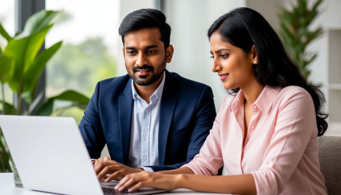 Indian financial coaches teaching a woman on a laptop