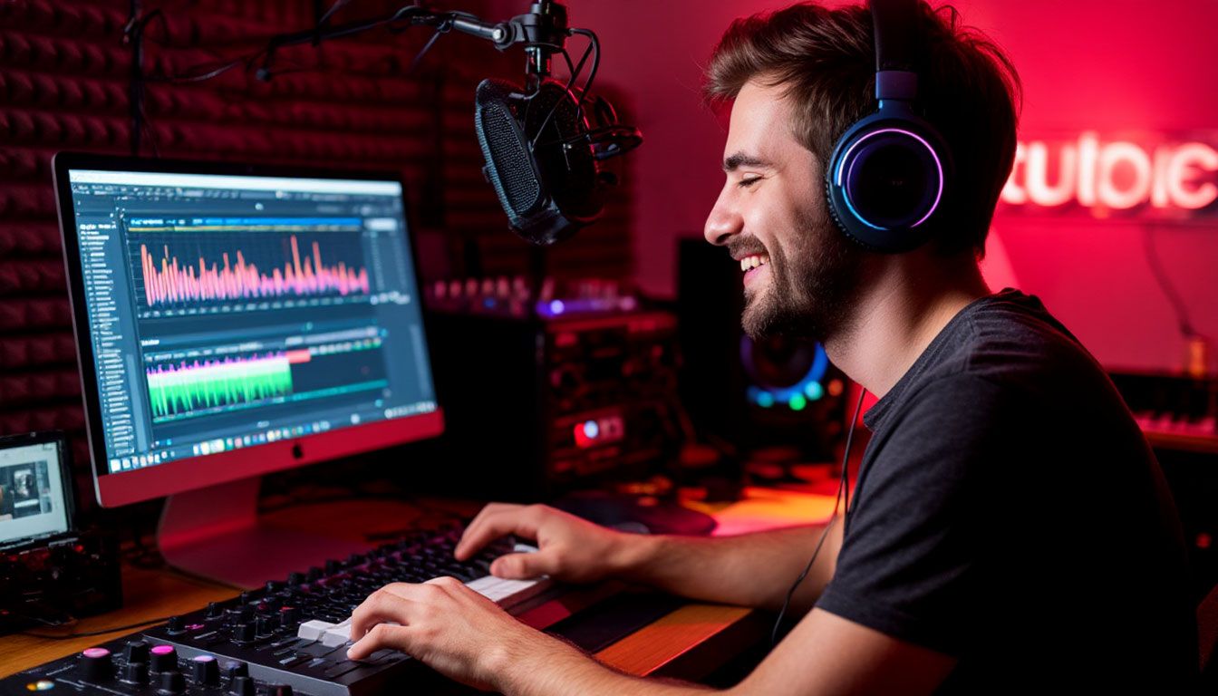 Side view smiling man making music and streaming this process