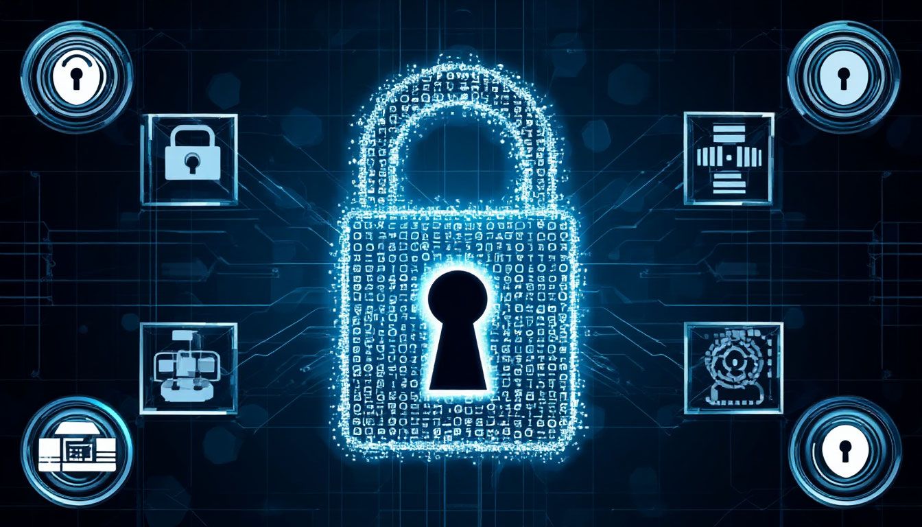 digital padlock icons overlay, representing cybersecurity protection and secure online communication.