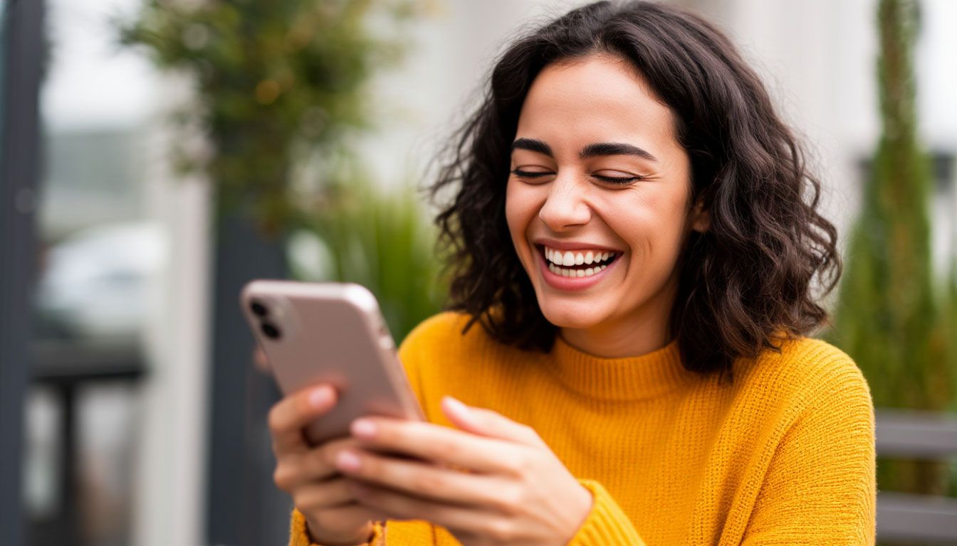 a laughing woman using her phone