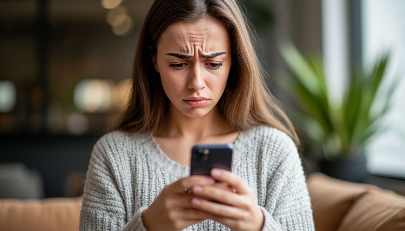 a disappointed woman using her phone