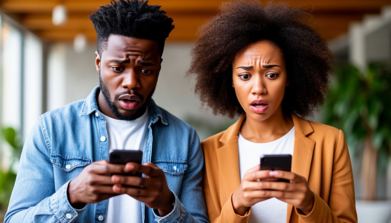 an african american man and woman are negatively surprised by something in their phones