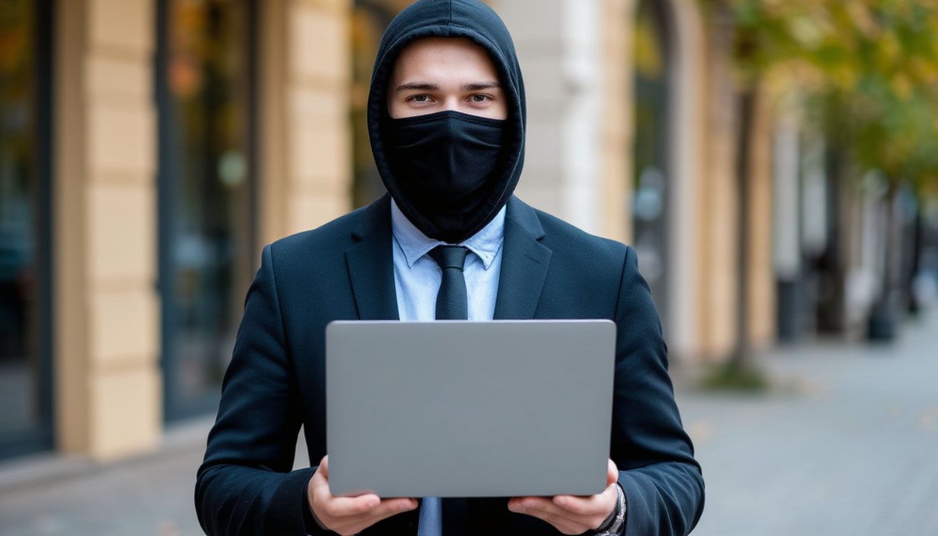 digial fraud in a mask holds a laptop
