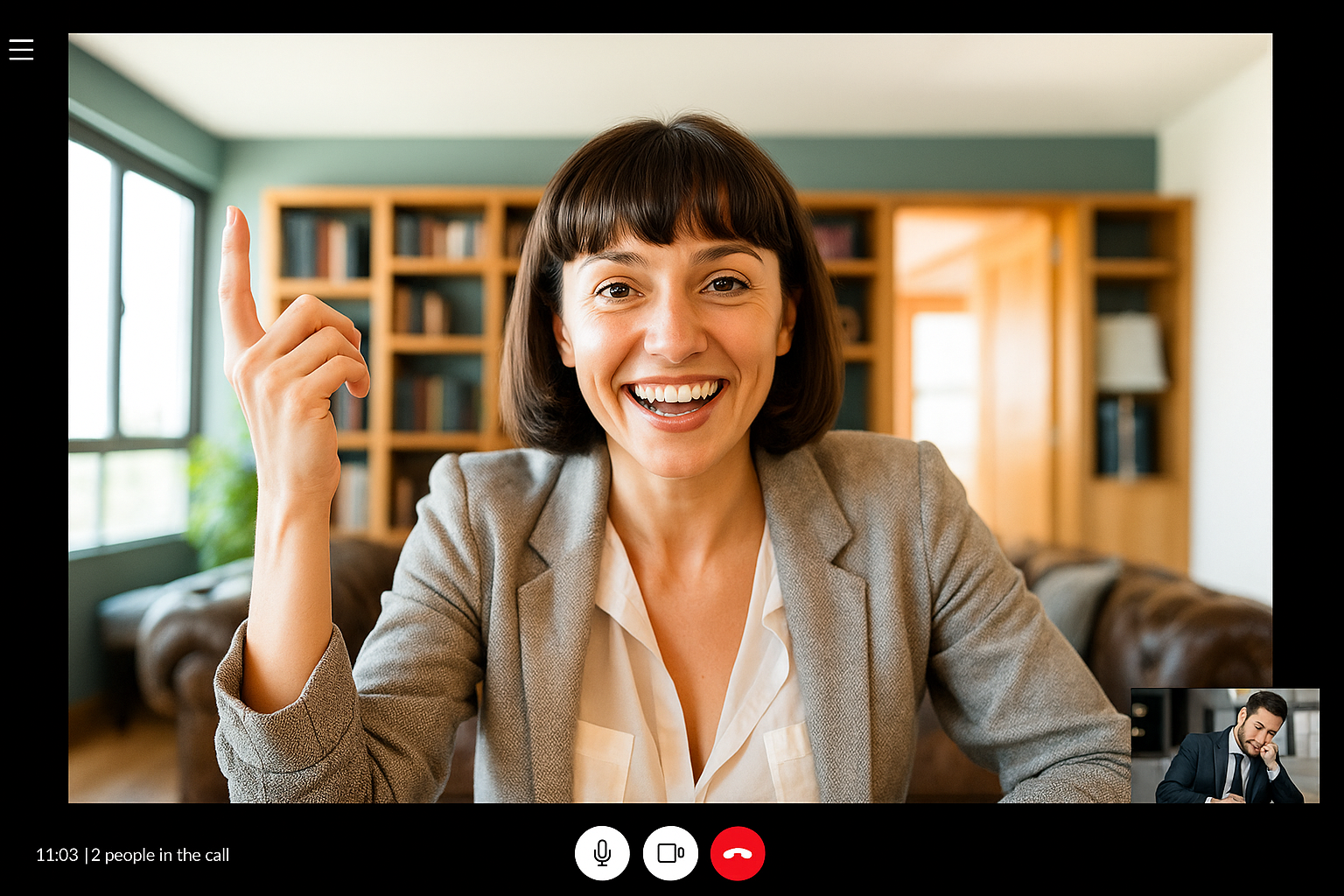 a screenshot with a video call between a young businesswoman and a young businessman