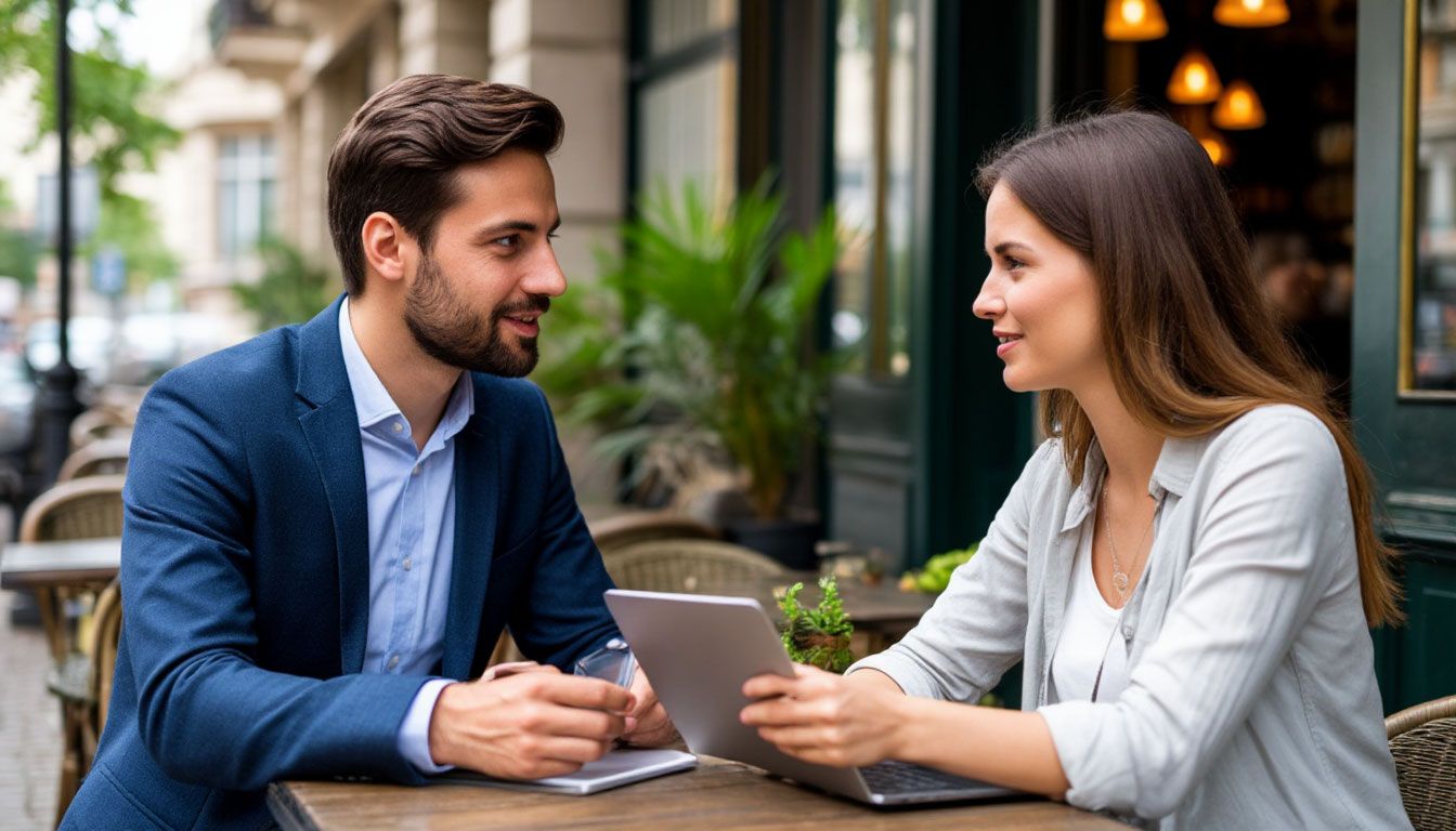 a man and a woman discussing working issues in an outside cafe