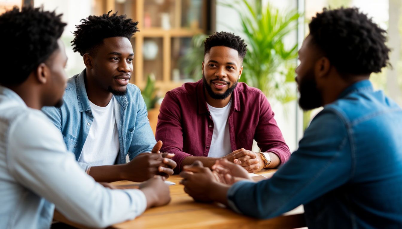 african americans discussing something while sitting near a wooden table