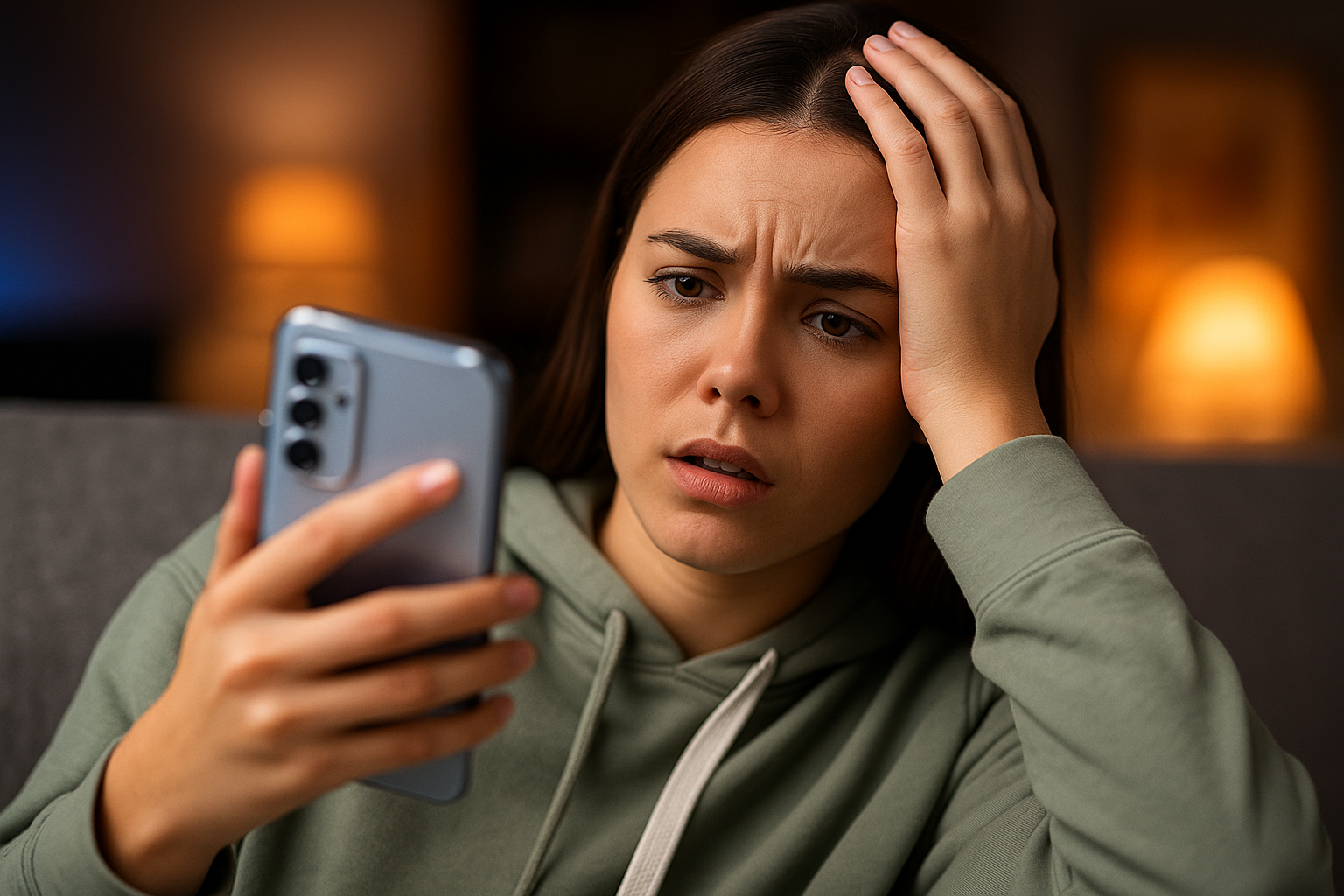 Medium shot young woman being unsatisfied with online chatting on her phone