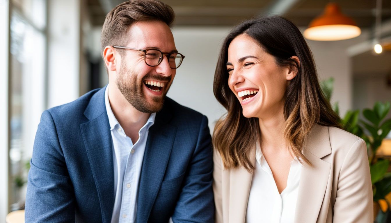 laughing man and woman being photographed during successful collaboration