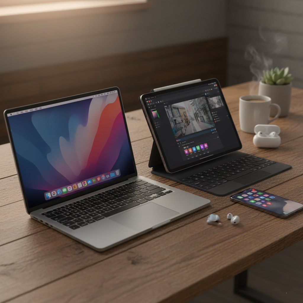 Apple smartphone, tablets and laptop on a wooden table