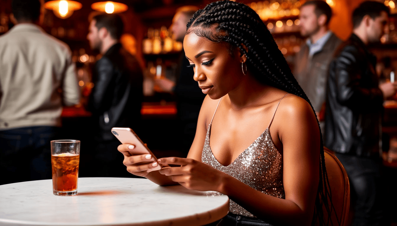 a disappointed african american woman in a dress sitting in a bar and holding her phone
