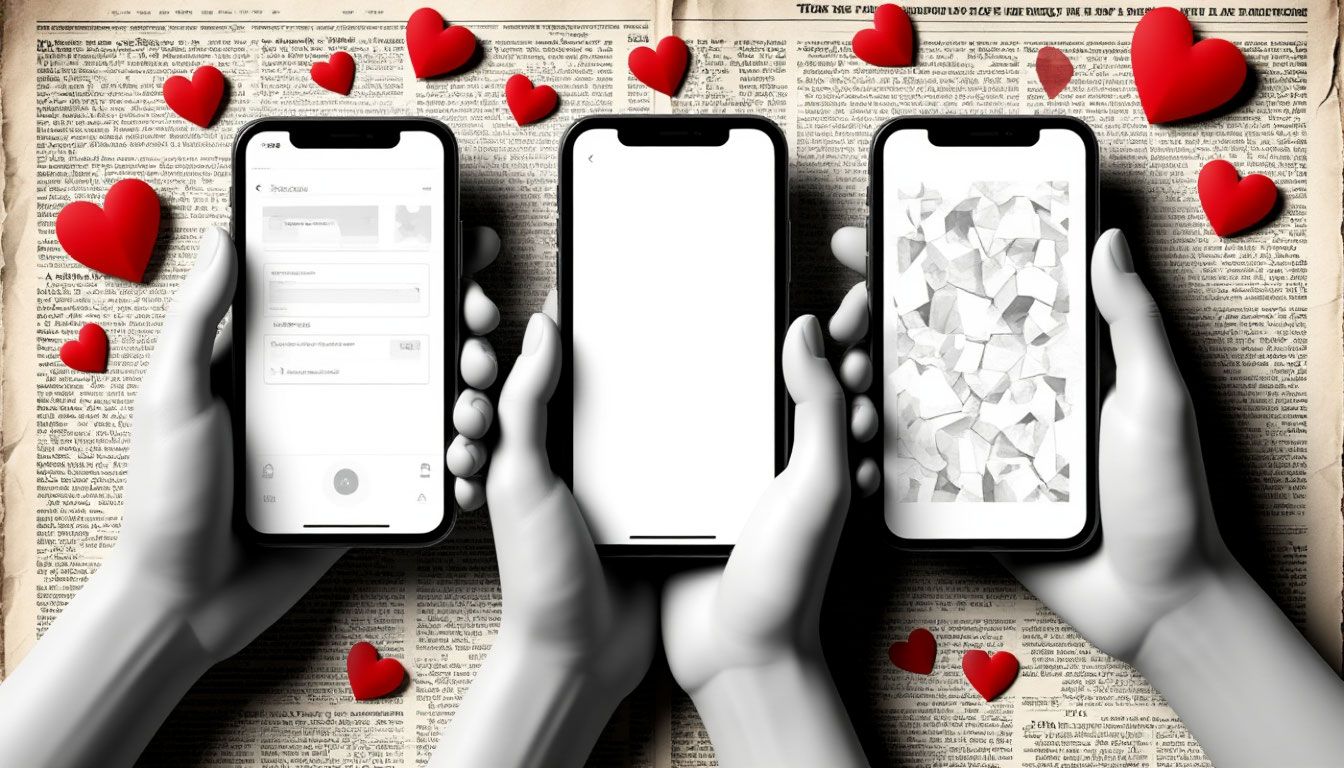 Hands holding smartphones with dating app screens, surrounded by floating red hearts on a newspaper-style background.