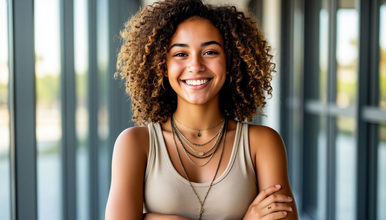 Maya, 27: a smiling woman with dirty curly hair
