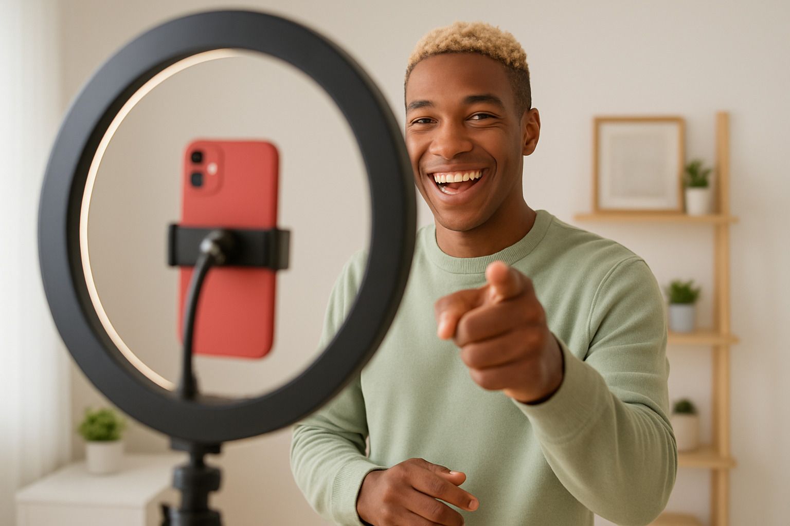 Young male content creator recording video in his room — laptop, microphone, and dim studio-style lighting visible.