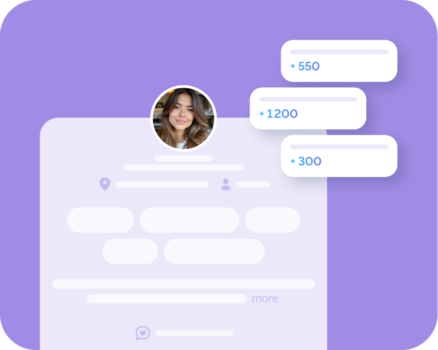 Profile dashboard showing earned points and engagement growth for a social media content creator on a social networking app